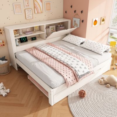 Canapé-lit 140x190cm - lit gigogne - USB et Type-C - rangements - blanc (matelas non inclus)