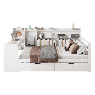 Canapé-lit 140x200 cm en bois massif avec bureau étagères rangement prises deux grands compartiments lit double blanc