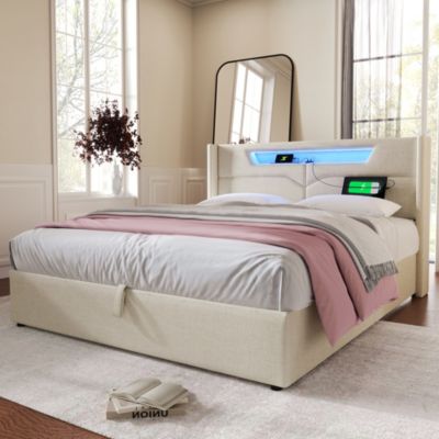 Canapé-lit 140x200 cm LED avec station de charge USB-C, coffre de rangement et revêtement lin beige