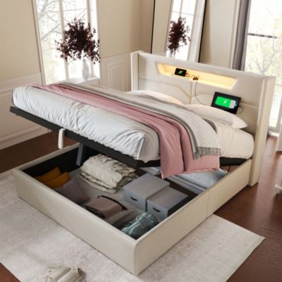 Canapé-lit 140x200 cm LED avec station de charge USB-C, coffre de rangement et revêtement lin beige