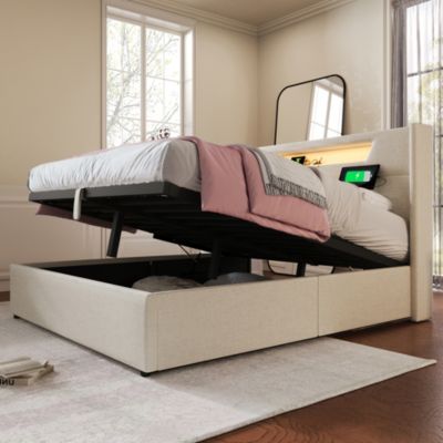Canapé-lit 140x200 cm LED avec station de charge USB-C, coffre de rangement et revêtement lin beige