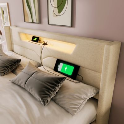 Canapé-lit 140x200 cm LED avec station de charge USB-C, coffre de rangement et revêtement lin beige