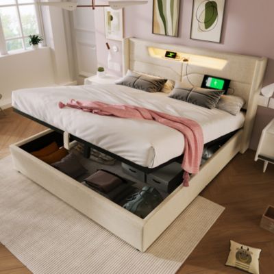 Canapé-lit 140x200 cm LED avec station de charge USB-C, coffre de rangement et revêtement lin beige