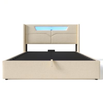 Canapé-lit 140x200 cm LED avec station de charge USB-C, coffre de rangement et revêtement lin beige