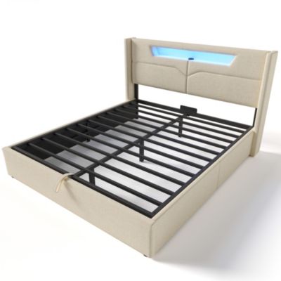 Canapé-lit 140x200 cm LED avec station de charge USB-C, coffre de rangement et revêtement lin beige