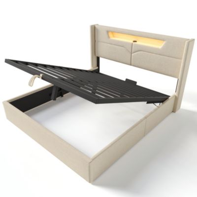 Canapé-lit 140x200 cm LED avec station de charge USB-C, coffre de rangement et revêtement lin beige