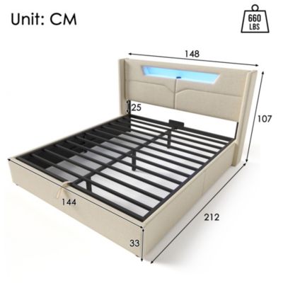 Canapé-lit 140x200 cm LED avec station de charge USB-C, coffre de rangement et revêtement lin beige