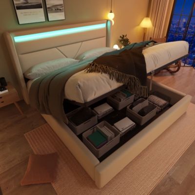 Canapé-lit 160x200 cm avec coffre de rangement, tête de lit LED et revêtement PU blanc, mécanisme hydraulique