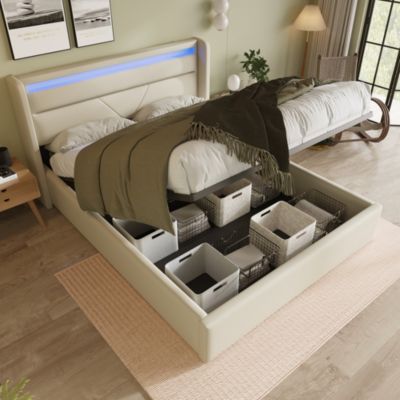 Canapé-lit 160x200 cm avec coffre de rangement, tête de lit LED et revêtement PU blanc, mécanisme hydraulique