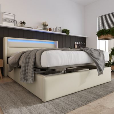 Canapé-lit 160x200 cm avec coffre de rangement, tête de lit LED et revêtement PU blanc, mécanisme hydraulique