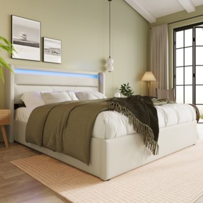 Canapé-lit 160x200 cm avec coffre de rangement, tête de lit LED et revêtement PU blanc, mécanisme hydraulique