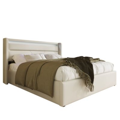 Canapé-lit 160x200 cm avec coffre de rangement, tête de lit LED et revêtement PU blanc, mécanisme hydraulique
