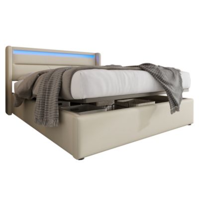 Canapé-lit 160x200 cm avec coffre de rangement, tête de lit LED et revêtement PU blanc, mécanisme hydraulique