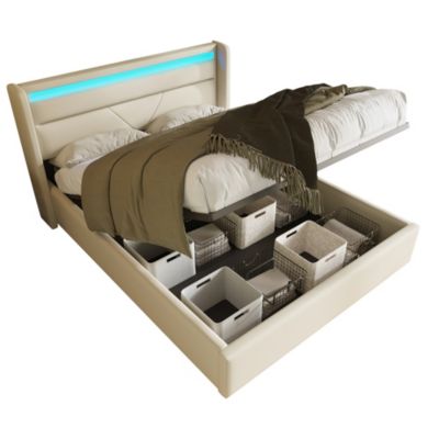 Canapé-lit 160x200 cm avec coffre de rangement, tête de lit LED et revêtement PU blanc, mécanisme hydraulique