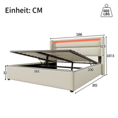 Canapé-lit 160x200 cm avec coffre de rangement, tête de lit LED et revêtement PU blanc, mécanisme hydraulique