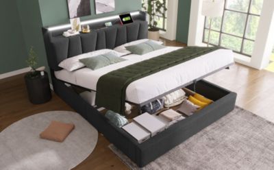 Canapé lit 160x200 cm avec tête de lit rangement, prises USB et Type C et éclairage LED RGBW, tissu lin gris, structure métal
