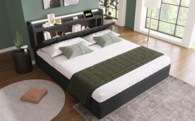 Canapé lit 160x200 cm avec tête de lit rangement, prises USB et Type C et éclairage LED RGBW, tissu lin gris, structure métal