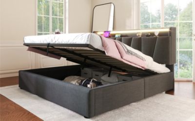 Canapé lit 160x200 cm avec tête de lit rangement, prises USB et Type C et éclairage LED RGBW, tissu lin gris, structure métal