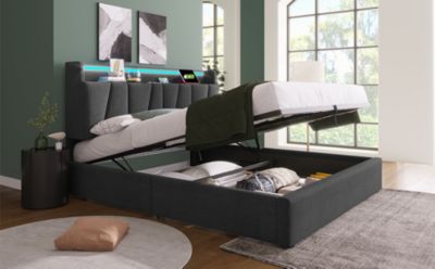 Canapé lit 160x200 cm avec tête de lit rangement, prises USB et Type C et éclairage LED RGBW, tissu lin gris, structure métal