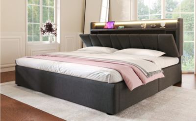Canapé lit 160x200 cm avec tête de lit rangement, prises USB et Type C et éclairage LED RGBW, tissu lin gris, structure métal