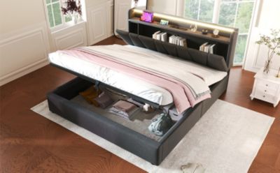 Canapé lit 160x200 cm avec tête de lit rangement, prises USB et Type C et éclairage LED RGBW, tissu lin gris, structure métal