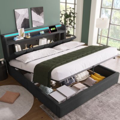 Canapé lit 160x200 cm avec tête de lit rangement, prises USB et Type C et éclairage LED RGBW, tissu lin gris, structure métal