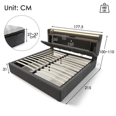 Canapé lit 160x200 cm avec tête de lit rangement, prises USB et Type C et éclairage LED RGBW, tissu lin gris, structure métal