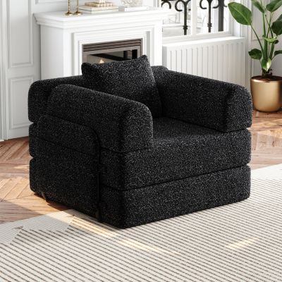 Canapé-Lit 2 en 1 Convertible, Modulable avec Rangement dans Accoudoir, Chenille Noir, Cadre Métallique