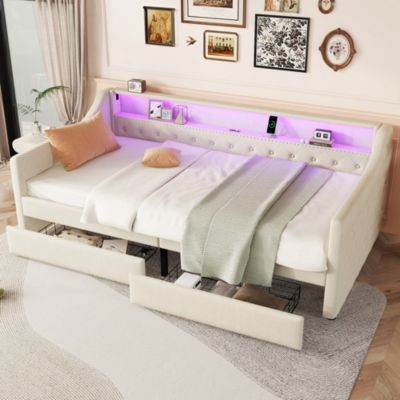 Canapé-lit 90x200 cm convertible avec éclairage LED télécommandé, 2 tiroirs et port USB en lin beige