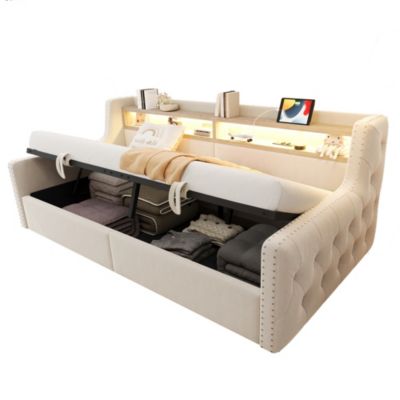 Canapé-lit 90x200 cm convertible avec coffre de rangement, revêtement tissu gris, système clic-clac