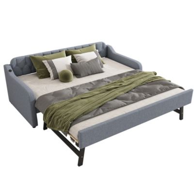 Canapé-lit 90x200 cm convertible avec lit gigogne et prise USB, revêtement lin gris, design sobre