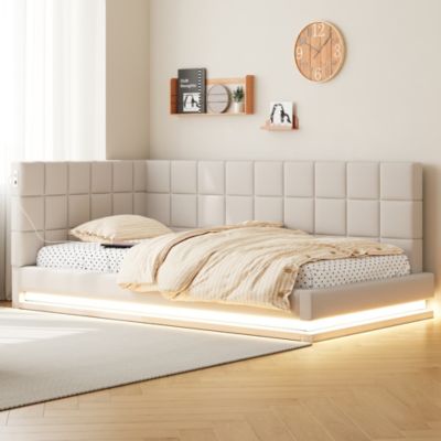 Canapé-lit 90x200 cm en lin beige avec LED et prise USB