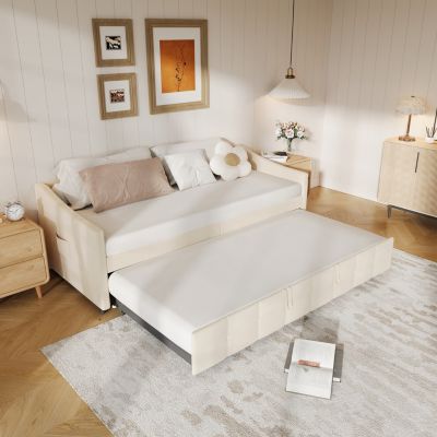 Canapé-lit 90x200 cm extensible avec poches latérales, beige, design moderne, lit d'appoint multifonction