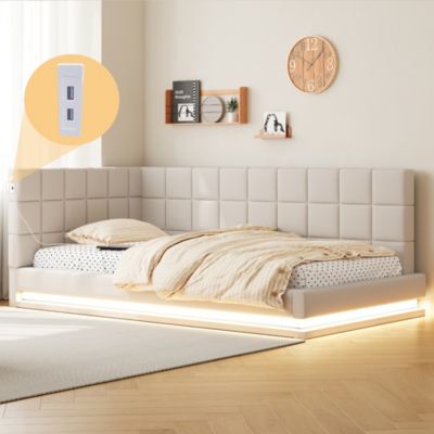 Canapé-lit,90x200,velours beige,compact,bandeau LED réglable,2 ports USB