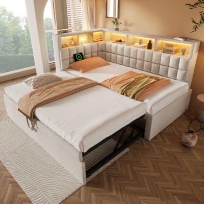 Canapé-lit 90x200cm - avec lit gigogne - LED - port de chargement - lin - beige (matelas non inclus)