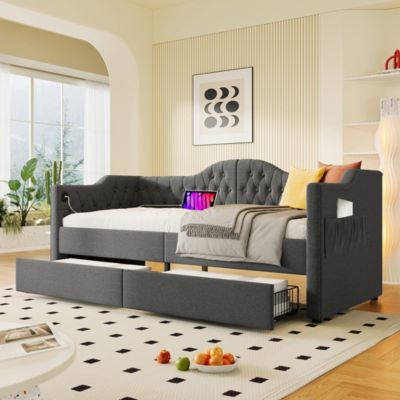 Canapé-lit 90x200cm, gris, tiroirs et USB Type C