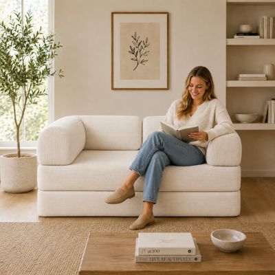 Canapé lit compressé modulable en velours côtelé BANANAIR 90x180 cm blanc