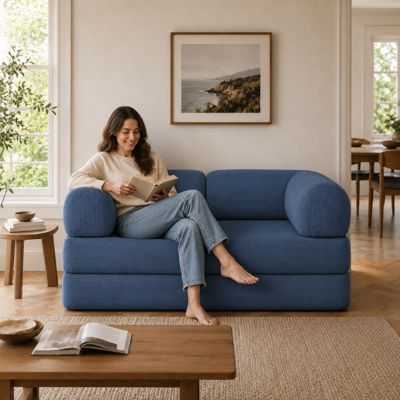 Canapé lit compressé modulable en velours côtelé BANANAIR 90x180 cm bleu