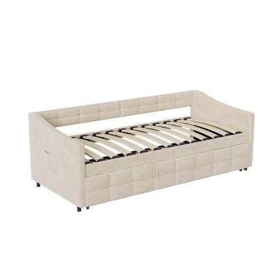 Canapé-lit Double Convertible 90/180x200 Cm, Sommier à Lattes, Velours, Beige