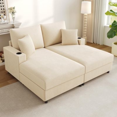 Canapé-lit double XXL,beige, fonction de couchage rembourrée, support pour téléphone portable, port USB et porte-gobelet.