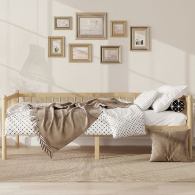 Canapé-lit en pin de 90 x 200 cm avec barrières sur 3 côtés et 14 lattes de support, couleur naturelle.