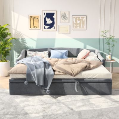Canapé-lit extensible 90/180 x 200 cm avec sommier à lattes, Lit multifonction en velours doux pour la peau, Gris