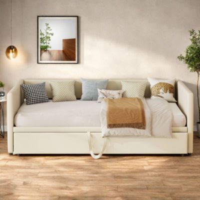 Canapé-lit extensible 90x200 cm en velours beige, convertible en lit double 180x200 cm, design moderne et pratique
