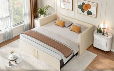 Canapé-lit extensible 90x200 cm en velours beige, convertible en lit double 180x200 cm, design moderne et pratique