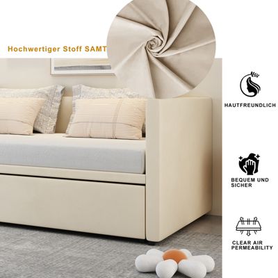 Canapé-lit extensible 90x200 cm en velours beige, convertible en lit double 180x200 cm, design moderne et pratique