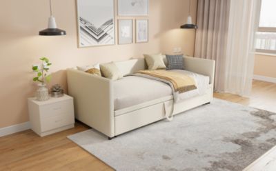 Canapé-lit extensible 90x200 cm en velours beige, convertible en lit double 180x200 cm, design moderne et pratique