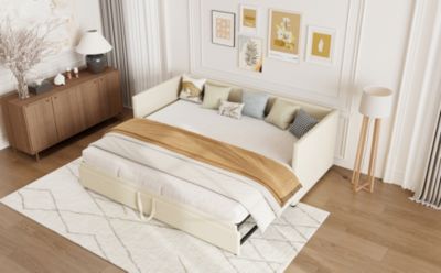 Canapé-lit extensible 90x200 cm en velours beige, convertible en lit double 180x200 cm, design moderne et pratique