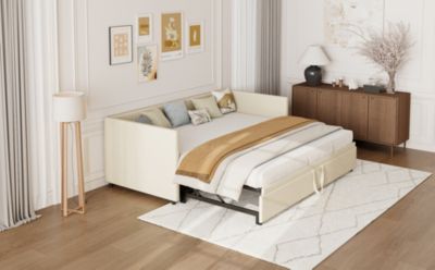 Canapé-lit extensible 90x200 cm en velours beige, convertible en lit double 180x200 cm, design moderne et pratique