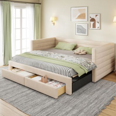 Canapé-lit gigogne 90x190 cm en coton et lin beige avec 2 tiroirs
