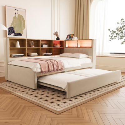Canapé-lit gigogne,90x200cm,beige,USB rangement